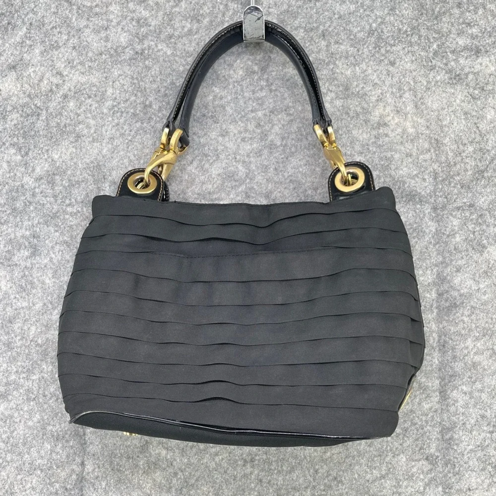 Eric‎ Javits Shoulder Bag Womens Medium Black Ribbon Tiered Gold Hardware Purse